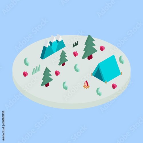isometry tent in the forest vector illustration