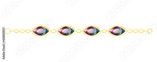 Gold chain with realistic glowing burgundy gemstones. Vector isolated cartoon female jewelry, expensive bracelet or necklace.