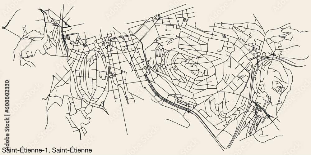 Detailed hand-drawn navigational urban street roads map of the SAINT-ÉTIENNE-1 CANTON of the French city of SAINT-ÉTIENNE, France with vivid road lines and name tag on solid background