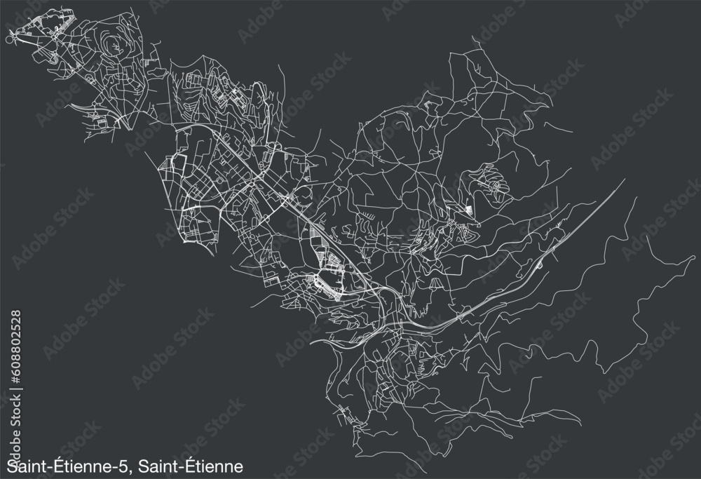 Detailed hand-drawn navigational urban street roads map of the SAINT-ÉTIENNE-5 CANTON of the French city of SAINT-ÉTIENNE, France with vivid road lines and name tag on solid background
