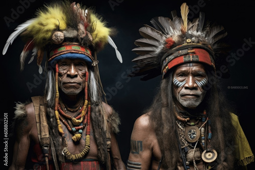 Portrait of indigenous tribe. Traditional Indians with painted faces. Native american people. Created with Generative AI