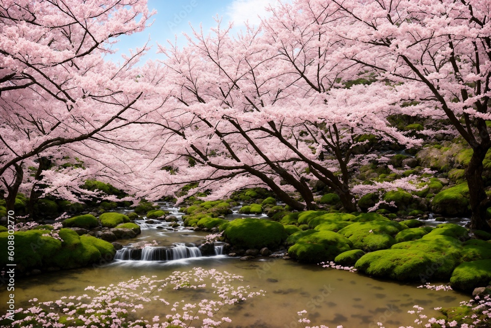 Sakura blossoms in japanese style ornamental garden, beautiful landscape. Generative AI. Sakura blossoms in japanese style ornamental garden, beautiful landscape. Generative AI.