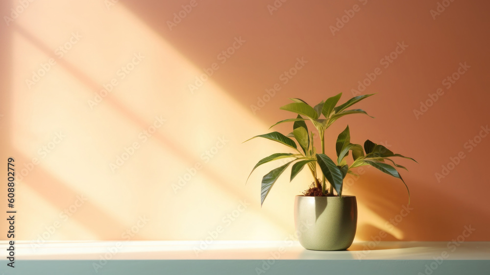 Table with plant in vase against colored wall background. Green plant in home interior with shadows on wall with copy space. Created with Generative AI Table with plant in vase against colored wall background. Green plant in home interior with shadows on wall with copy space. Created with Generative AI
