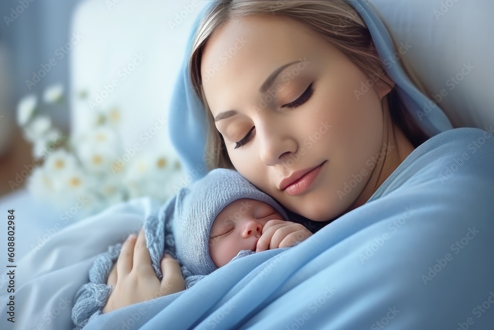 Woman holding adorable baby wrapped in blue blanket. Generative AI Woman holding adorable baby wrapped in blue blanket. Generative AI