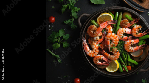 shrimp grilled delicious seasoning spices on black background