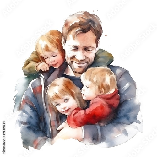 Watercolor composition of loving and caring father with children isolated on white background. Single father. Generative ai.