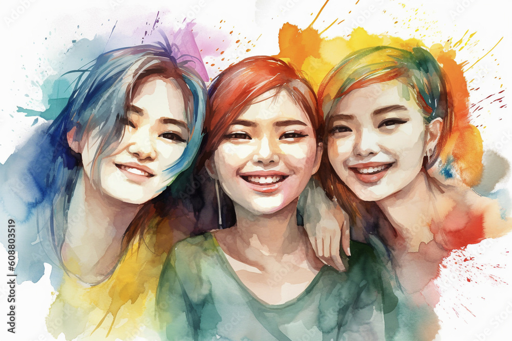 Watercolor Group of happy Asian women smiling.Front view.Copy and text space.Created with generative ai
