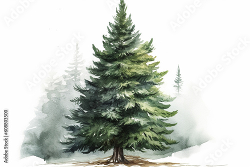 Watercolor painting of a christmas tree on white isolated background.Copy and text space.Created with generative ai
