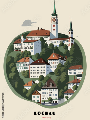 Lochau: Beautiful vintage-styled poster with an Austrian cityscape with the name Lochau in Vorarlberg