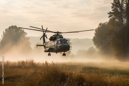 Military helicopter in a foggy meadow