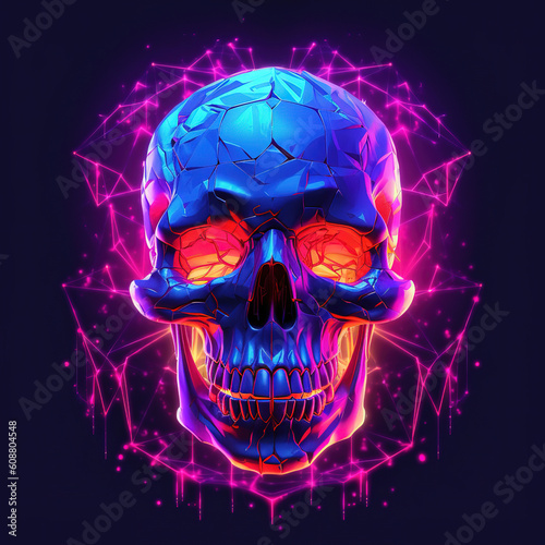 Neon synthwave skull exploding into shining polygons, generative ai 