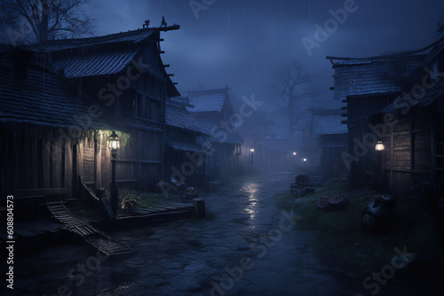 old small village at night with water on the road, generative ai 