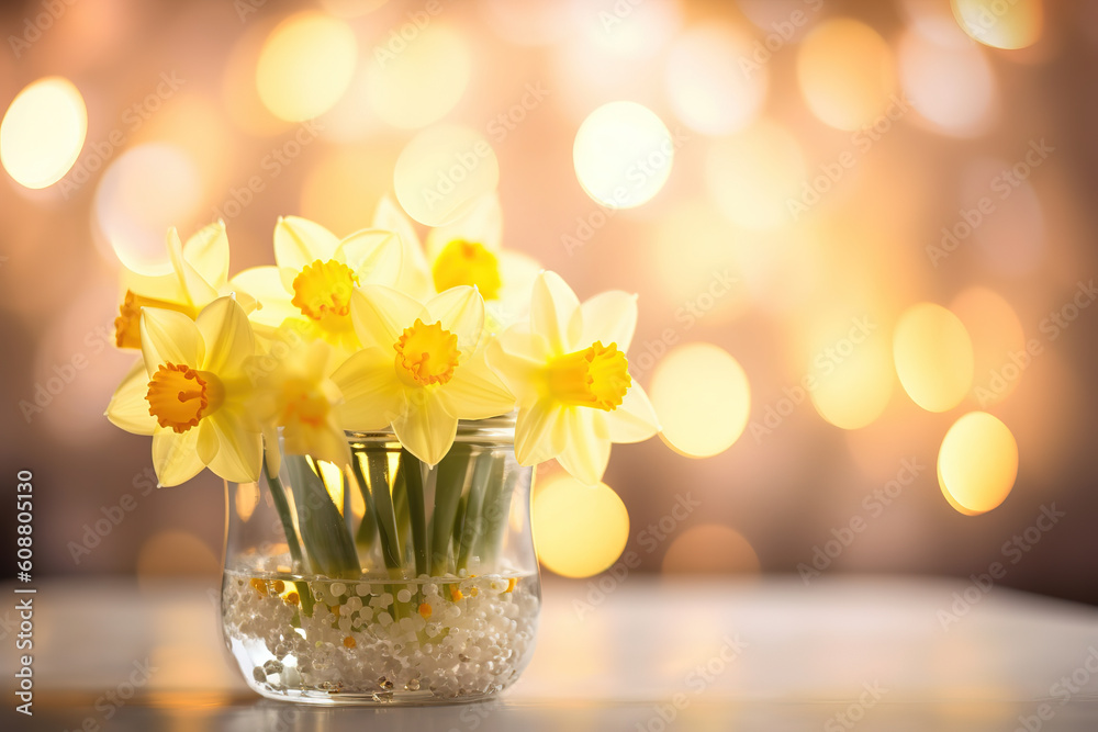 Yellow Daffodils in a Glass Vase with a Bokeh Background, generative ai 