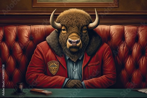 Bison head in a red jacket. Work in a judicial institution. Generative AI