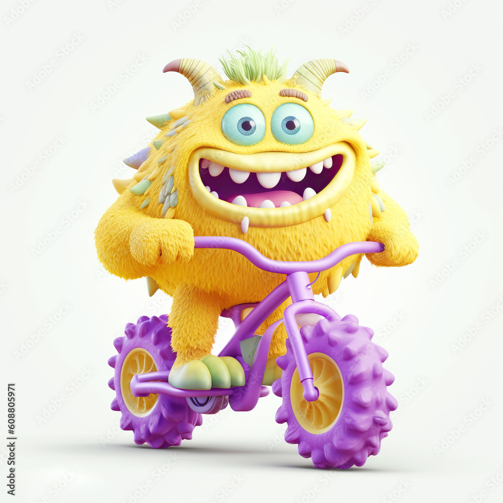 monster, funny cartoon riding a bike isolated on white background, yellow, Generative AI monster, funny cartoon riding a bike isolated on white background, yellow, Generative AI