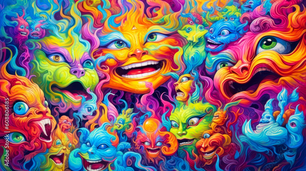 Abstract faces, psychedelic art. Generative AI