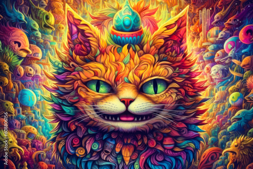 Smiling cat, psychedelic art. Generative AI