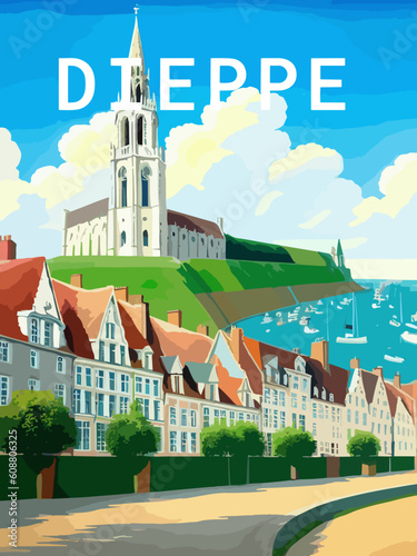 Dieppe: Retro tourism poster with a French landscape and the headline Dieppe / Normandie
