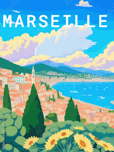 Marseille: Retro tourism poster with a French landscape and the headline Marseille / Provence-Alpes-Côte d’Azur