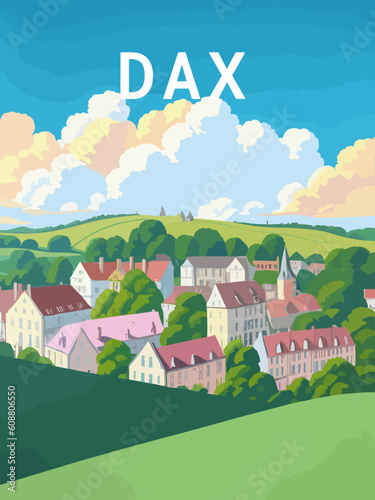 Dax: Retro tourism poster with a French landscape and the headline Dax / Nouvelle-Aquitaine