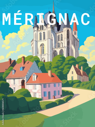 Mérignac: Retro tourism poster with a French landscape and the headline Mérignac / Nouvelle-Aquitaine