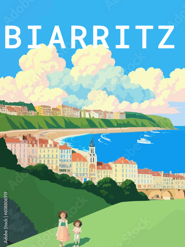 Biarritz: Retro tourism poster with a French landscape and the headline Biarritz / Nouvelle-Aquitaine
