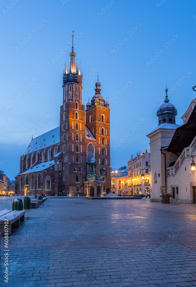 St Mary's church and Cloth Hall in the blue hour on the Main Square in Krakow, Poland