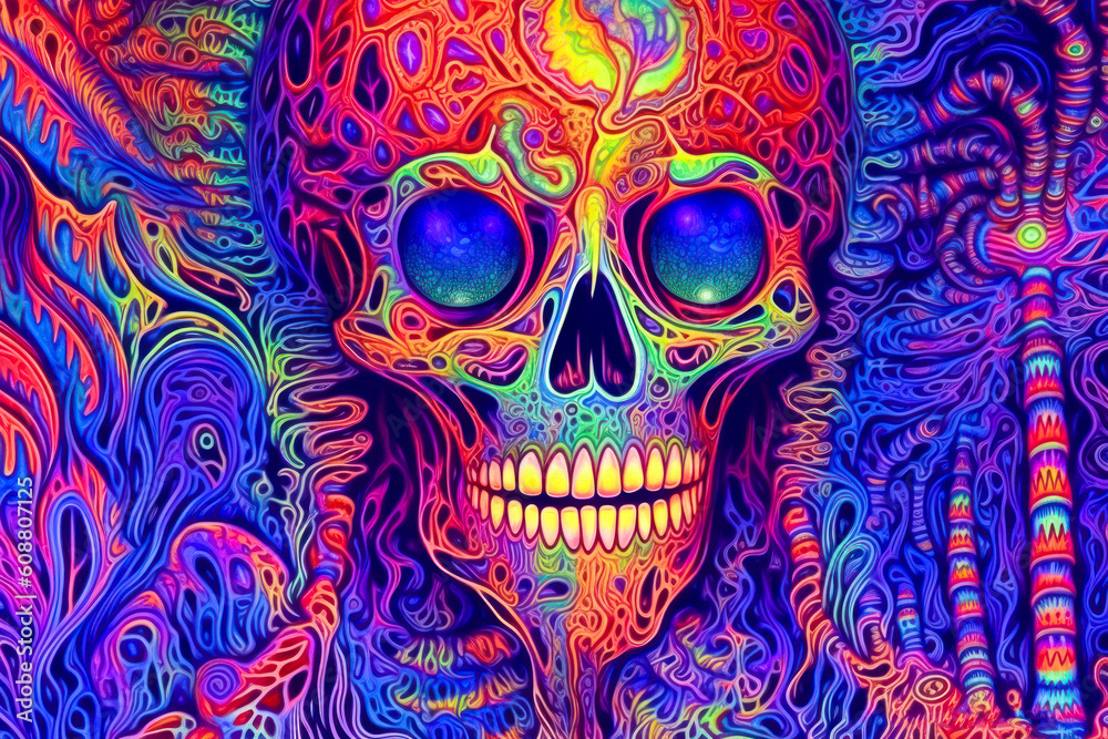 Skull, psychedelic art. Generative AI Skull, psychedelic art. Generative AI