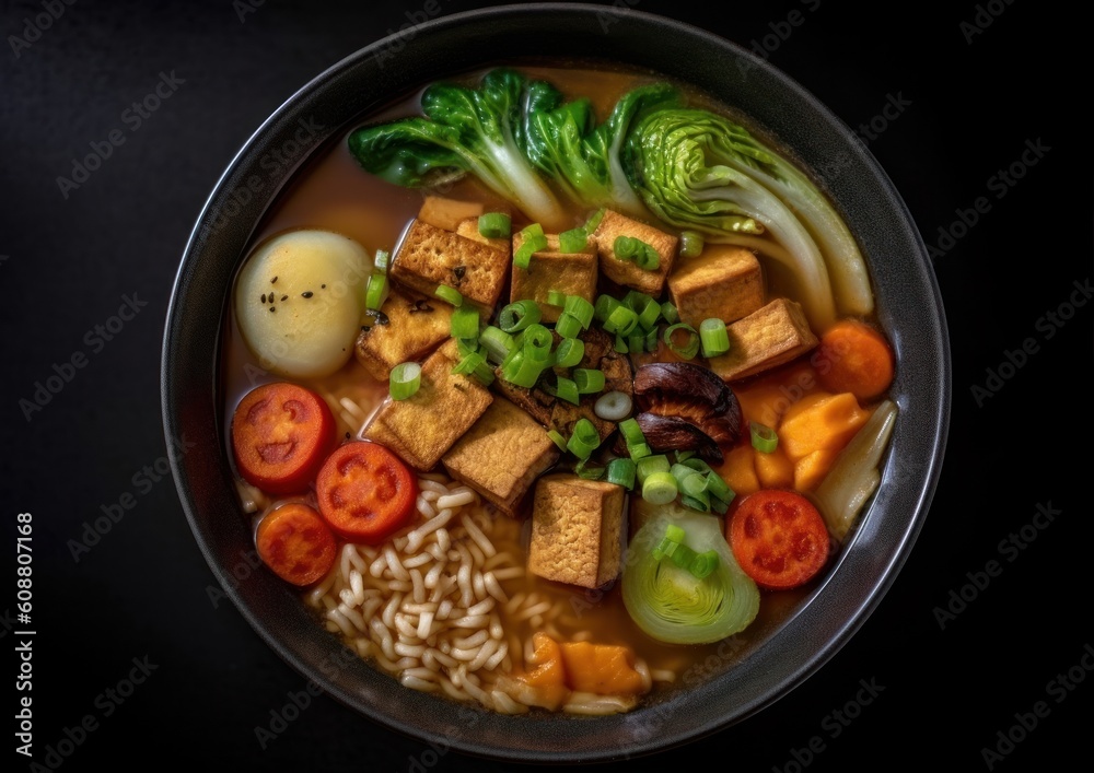 bowl of vegan Tamari ramen soup with vibrant vegetables and tofu cubes