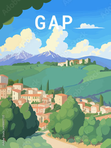 Gap: Retro tourism poster with a French landscape and the headline Gap / Provence-Alpes-Côte d’Azur