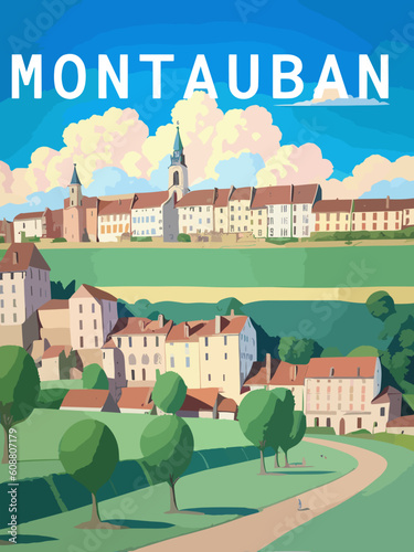 Montauban: Retro tourism poster with a French landscape and the headline Montauban / Occitanie