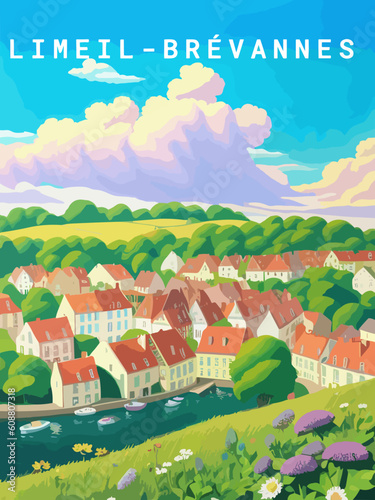 Limeil-Brévannes: Retro tourism poster with a French landscape and the headline Limeil-Brévannes / Île-de-France