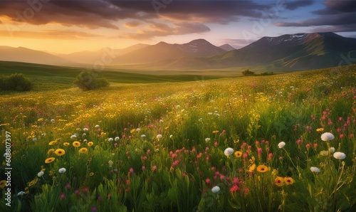  a field of wildflowers with mountains in the background. generative ai