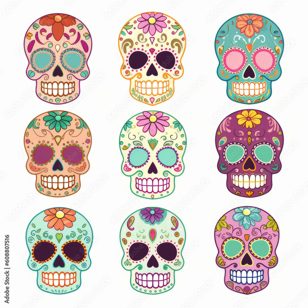 colorful cartoon sugar skulls for Day of the Dead celebrations, created with Generative AI ...