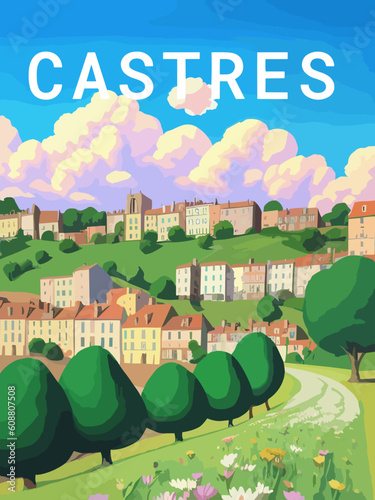 Castres: Retro tourism poster with a French landscape and the headline Castres / Occitanie