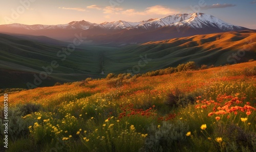  a field of wildflowers in front of a mountain range. generative ai