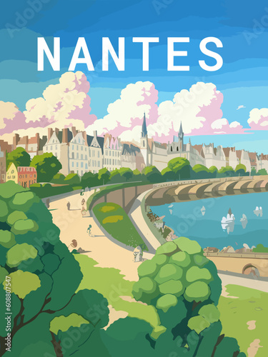 Nantes: Retro tourism poster with a French landscape and the headline Nantes / Pays de la Loire