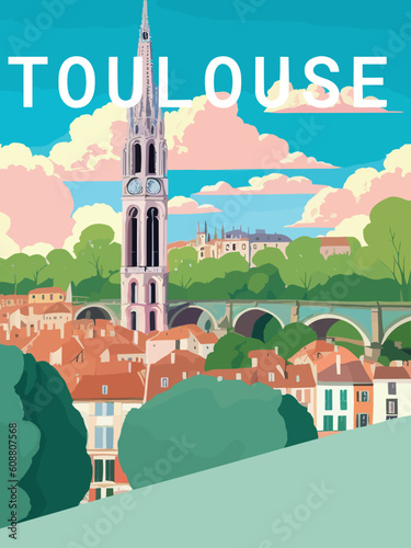 Toulouse: Retro tourism poster with a French landscape and the headline Toulouse / Occitanie