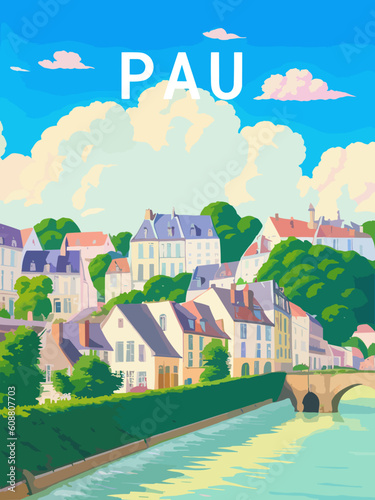 Pau: Postcard design with a scene in France and the city name Pau