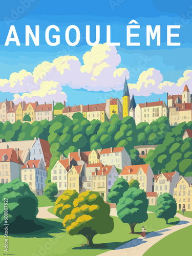 Angoulême: Retro tourism poster with a French landscape and the headline Angoulême / Nouvelle-Aquitaine