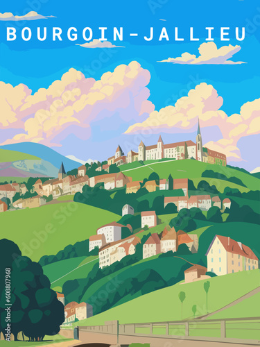 Bourgoin-Jallieu: Retro tourism poster with a French landscape and the headline Bourgoin-Jallieu / Auvergne-Rhône-Alpes