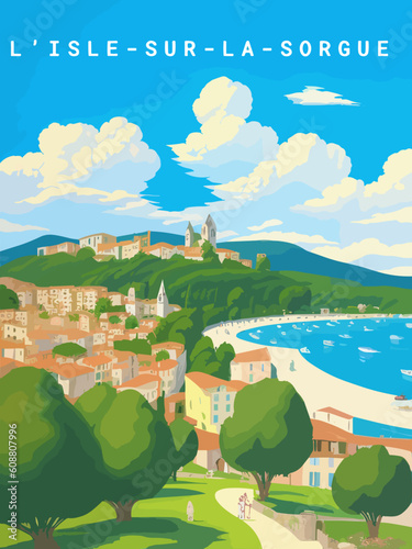 L’Isle-sur-la-Sorgue: Retro tourism poster with a French landscape and the headline L’Isle-sur-la-Sorgue / Provence-Alpes-Côte d’Azur