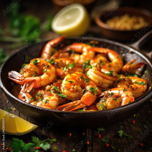 shrimp grilled delicious seasoning spices on wooden cutting board background appetizing cooked shrimps baked prawns , Seafood shelfish with rosemary lemon and lettuce