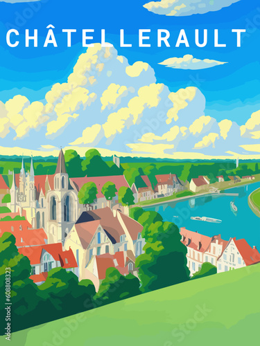 Châtellerault: Retro tourism poster with a French landscape and the headline Châtellerault / Nouvelle-Aquitaine