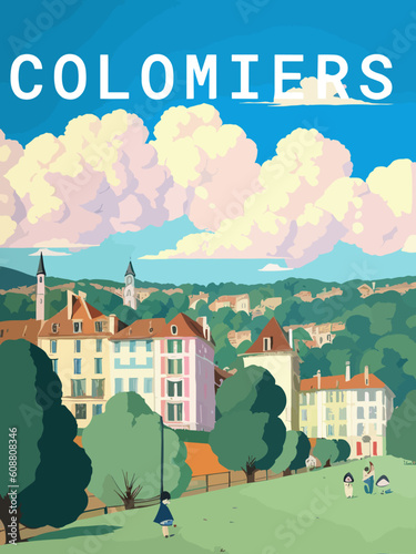 Colomiers: Retro tourism poster with a French landscape and the headline Colomiers / Occitanie