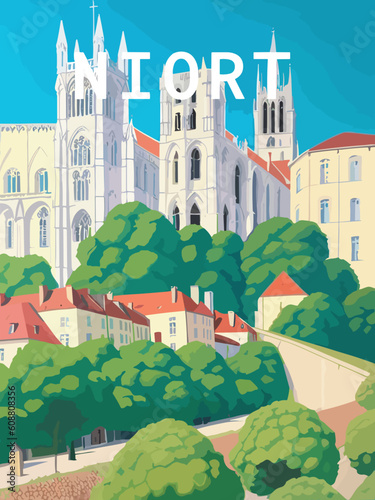 Niort: Retro tourism poster with a French landscape and the headline Niort / Nouvelle-Aquitaine