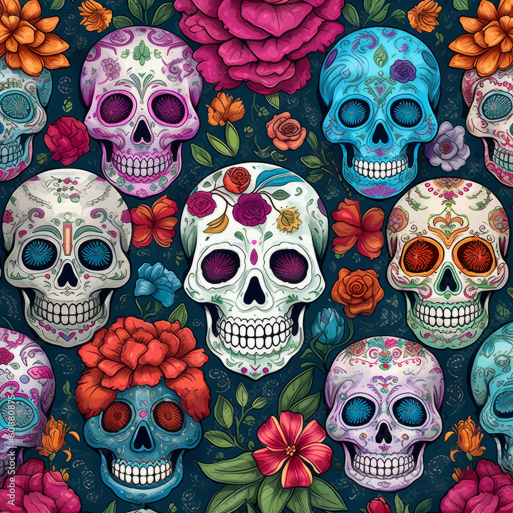 colorful cartoon sugar skulls for Day of the Dead celebrations, created with Generative AI Technology