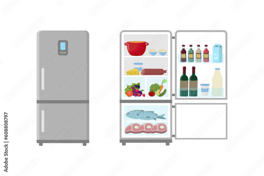 Refrigerator with open doors, a full of food. Vector illustration