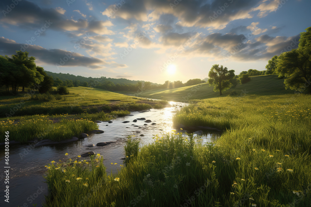 beautiful summer landscape, golden sun in the sky, river, clouds, green grasses and wildflowers, generative ai 