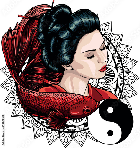 vector illustration of Japanese geisha with betta fish